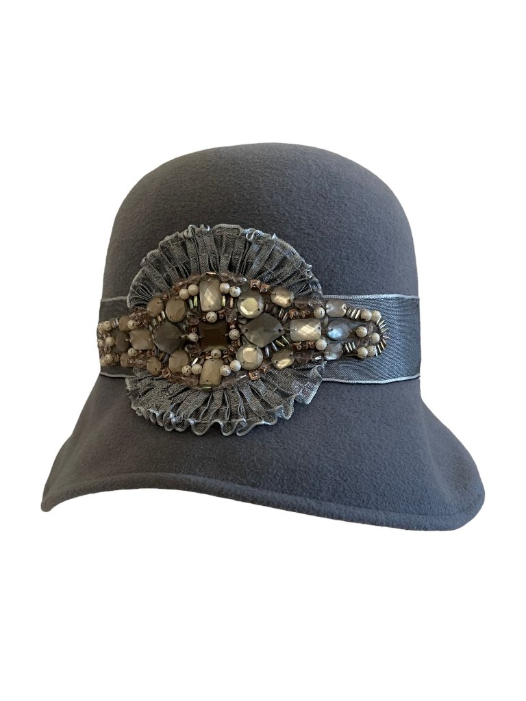 Louise Green Beaded Gray Felt Cloche Hat With Satin Band & Embellished Detailing